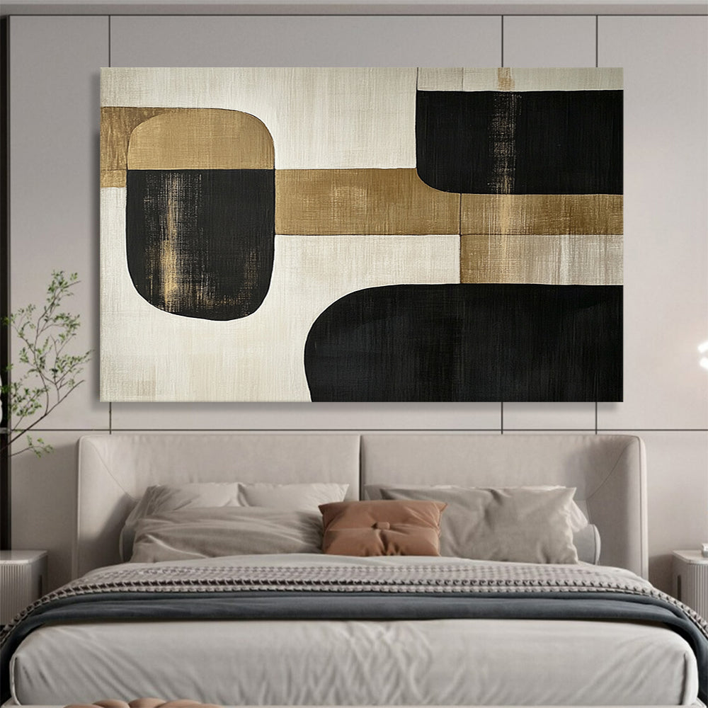 “Minimalist Gold - Black Shapes” - Gold, Black, Minimalist Abstract Painting On Canvas HB0782