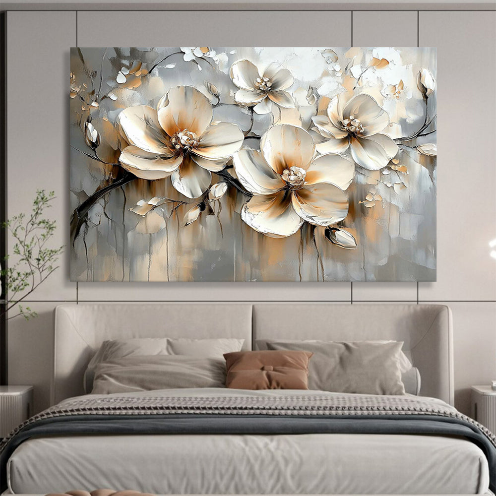 “Beige - Gray Floral Blooms” - Beige, Gray, White, Textured Floral Blooms - Impasto Oil Painting HB1783