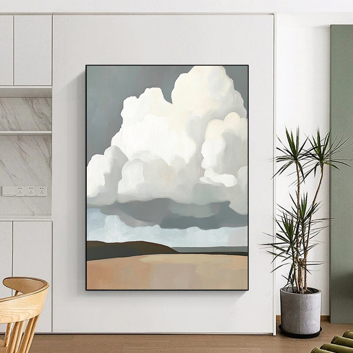 Abstract oil painting featuring large white clouds above a grey brown landscape in a minimalist style inspired by contemporary art. DLZ1681