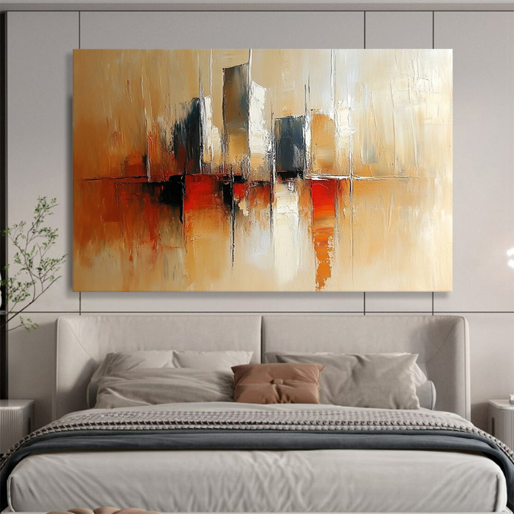 “City Silhouette in Warm Tones” - Beige, Brown, Red, Abstract Cityscape Painting On Canvas HB0966