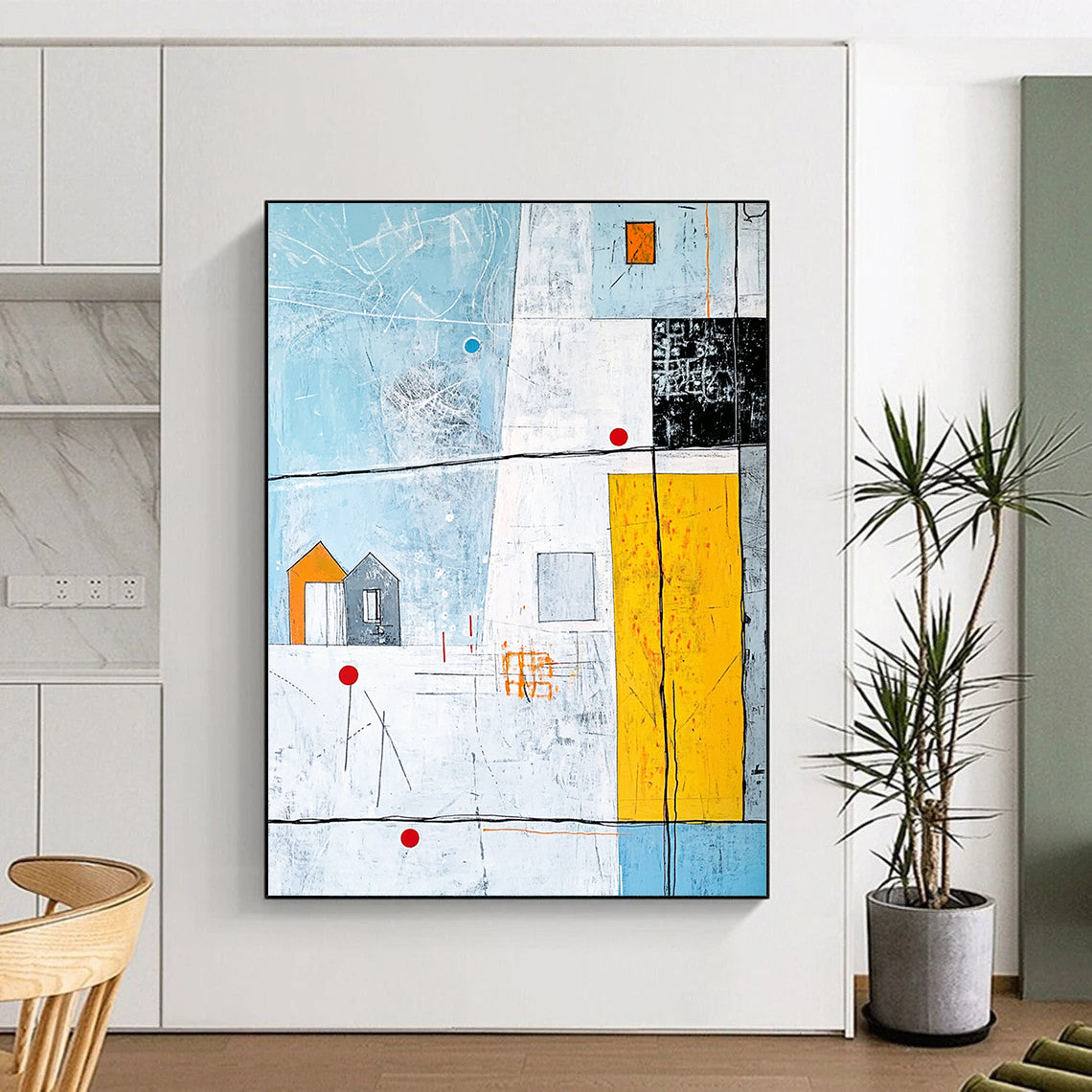 Large contemporary hand-painted abstract artwork featuring vibrant lines and shapes with an architectural drawing and a house on a light blue background. DLZ0987