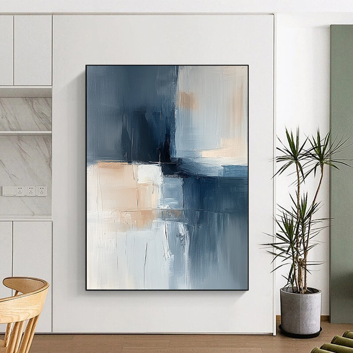 Contemporary hand-painted abstract artwork featuring soft blue gray and beige tones with layered shapes and a central dark element exuding calmness and minimalism. DLZ1052
