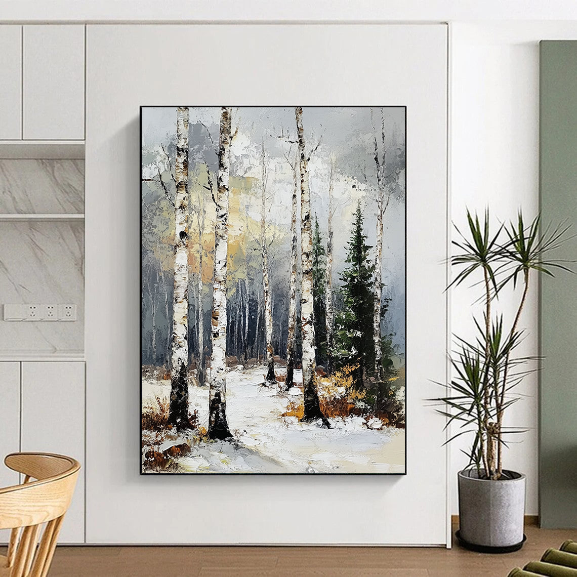 Contemporary abstract artwork featuring a birch forest in winter with textured brush strokes and a muted color palette of gray, white, and yellow. DLZ1673