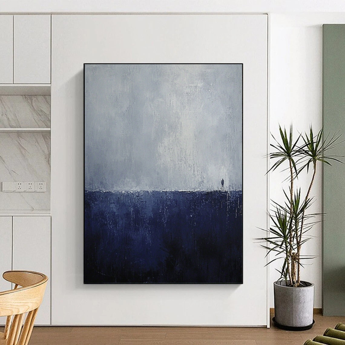 Large contemporary abstract painting featuring dark blue and gray tones minimalist landscape evoking loneliness and mystery with an endless horizon and heavy rain effect. DLZ0738