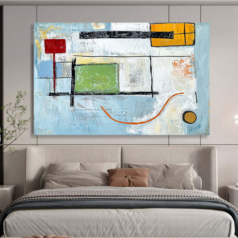 “Geometric Calm” - Blue, green, yellow, red, black; Clean geometric shapes on soft blue; Minimalist Abstract Oil Painting On Canvas HB1169