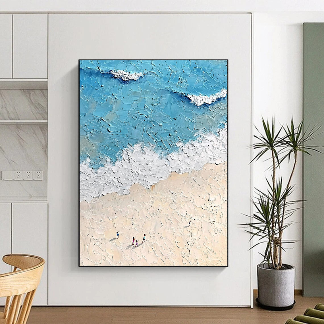 Contemporary hand-painted abstract artwork depicting a sunny beach scene with gentle waves and fine sand in soft tones and bright colors. DLZ1530