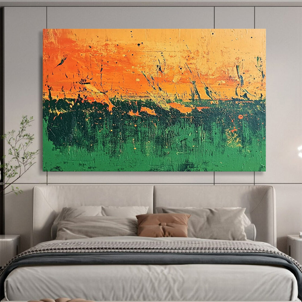 “Orange - Green Abstract Field” - Orange, Green, Abstract Field, Textured Layers HB1125