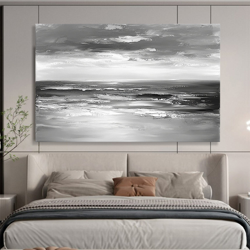 “Impasto Sea Waves in Gray” - Gray, White, Textured Sea Waves Painting On Canvas HB0801