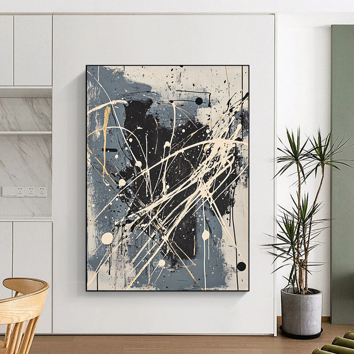 Gray, Black, White, Gold, Intricate Splatters "Gilded Galaxy" Abstract Pollock - Inspired Painting On Canvas HB053