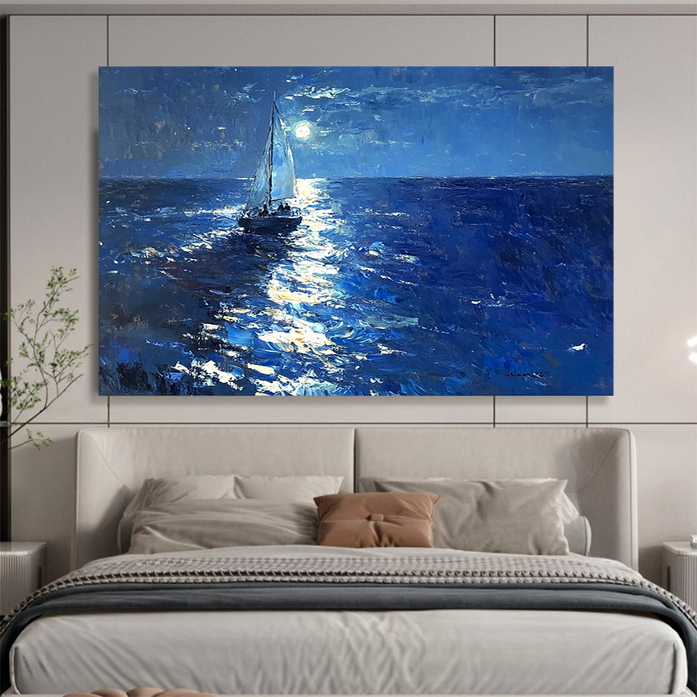 “Moonlit Sail on the Ocean” - Deep Blues, Silvers, Whites, Sailboat on Moonlit Sea - Luminist Oil Painting HB1695