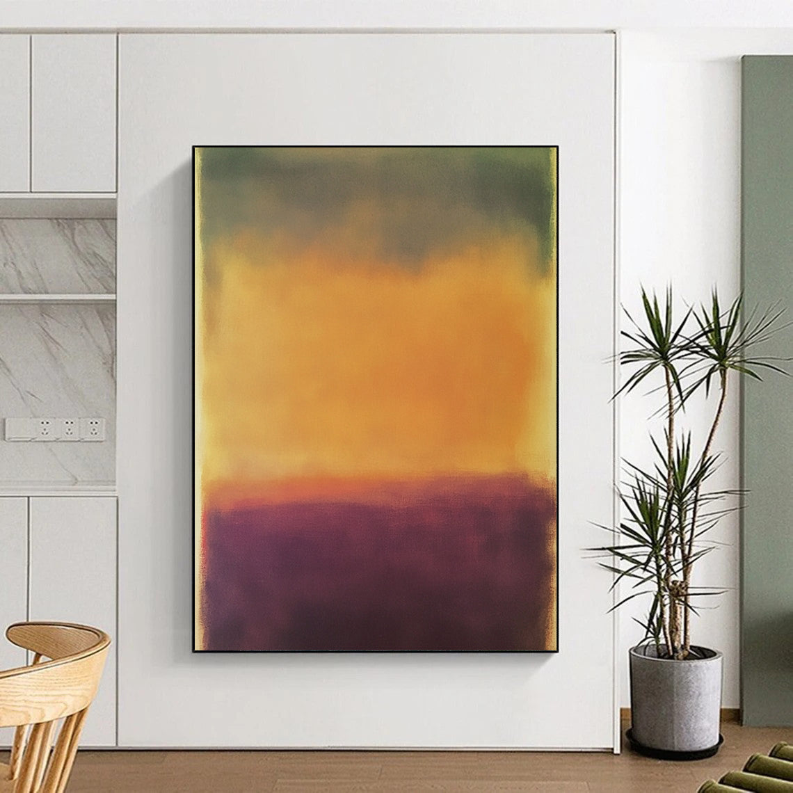 Contemporary hand-painted abstract artwork featuring a serene blurred landscape in earthy tones with a calming purple and vibrant yellow-orange sky. DLZ1389