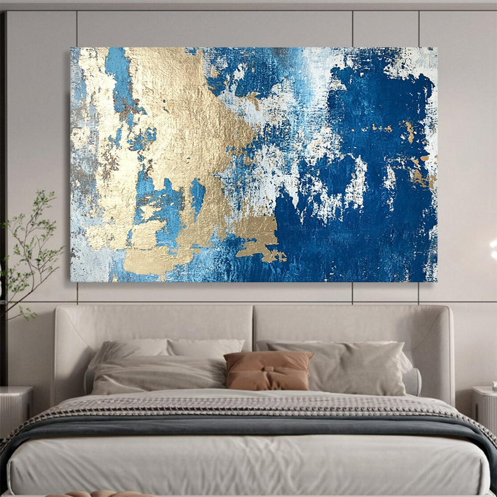 “Textured Gold - Blue Abstract Fusion” - Gold, Blue, Gray, White, Textured Layers Painting On Canvas HB0819