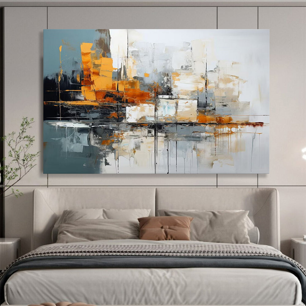 Grey - Orange Abstract Cityscape - Modern Living Room Centerpiece DLZ002
