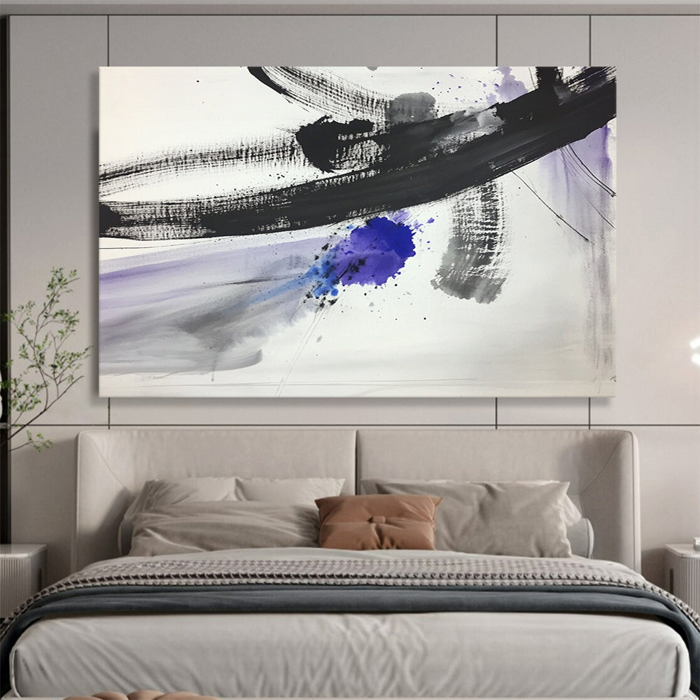 “Ink Splash with Purple - Blue Accents” - Black, Gray, Purple, Blue, Expressive Ink Splashes - Ink Painting HB1630