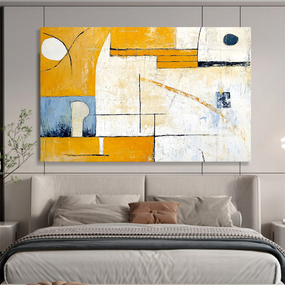 “Yellow - Blue Geometric Abstraction” - Yellow, Blue, White with Geometric Shapes - Abstract Acrylic Painting HB1352