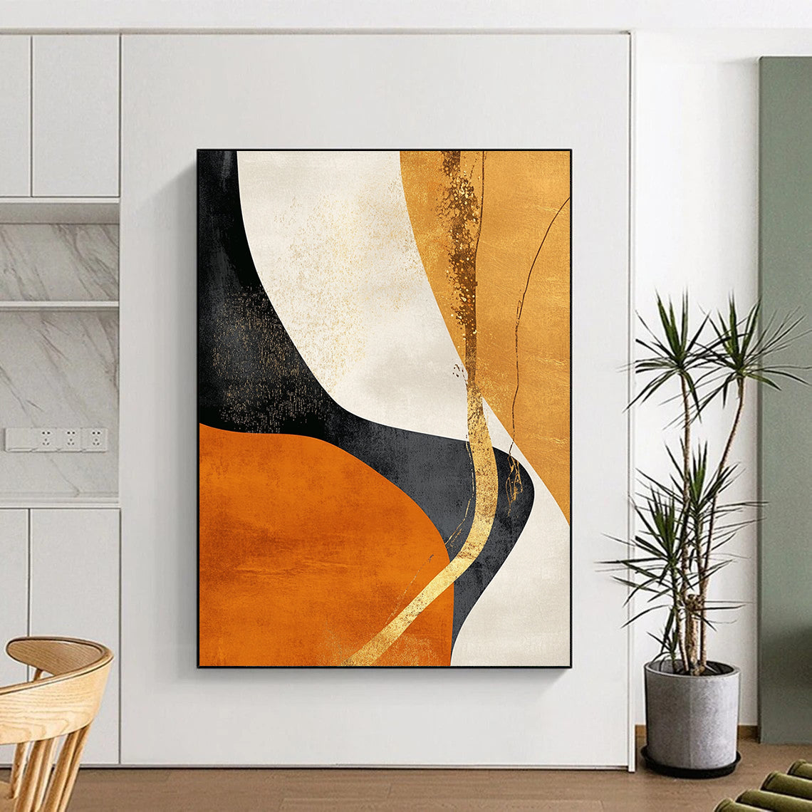 Contemporary hand-painted abstract art featuring gold and black shapes on an orange background with flowing lines and natural organic curves. DLZ0387