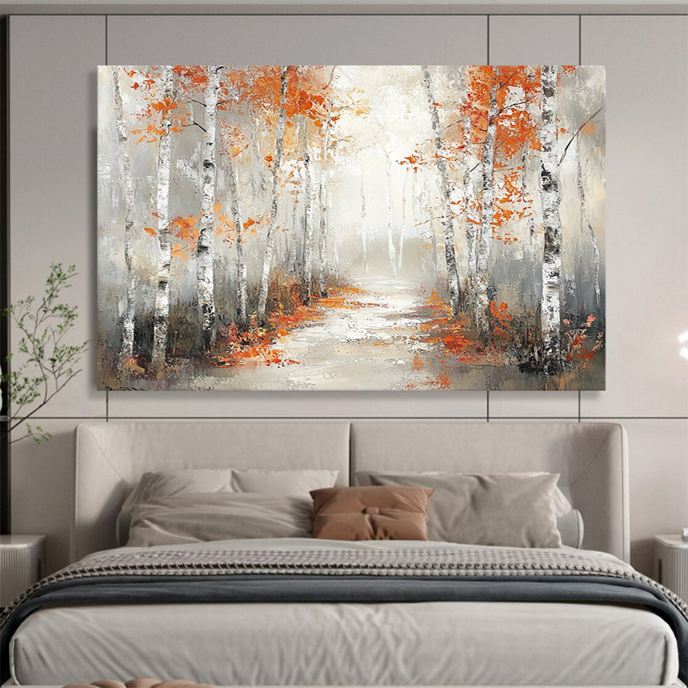 “Autumn Birch Pathway” - Orange, Gray, Birch Trees, Forest Path - Impressionist Landscape Painting HB1683