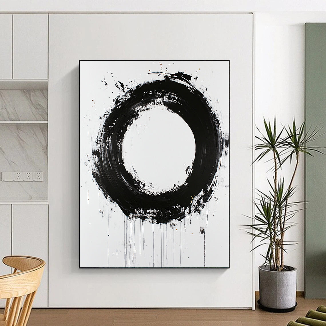 White, Black and Gold Abstract Circle "Zen Enso" Painting On Canvas HB365