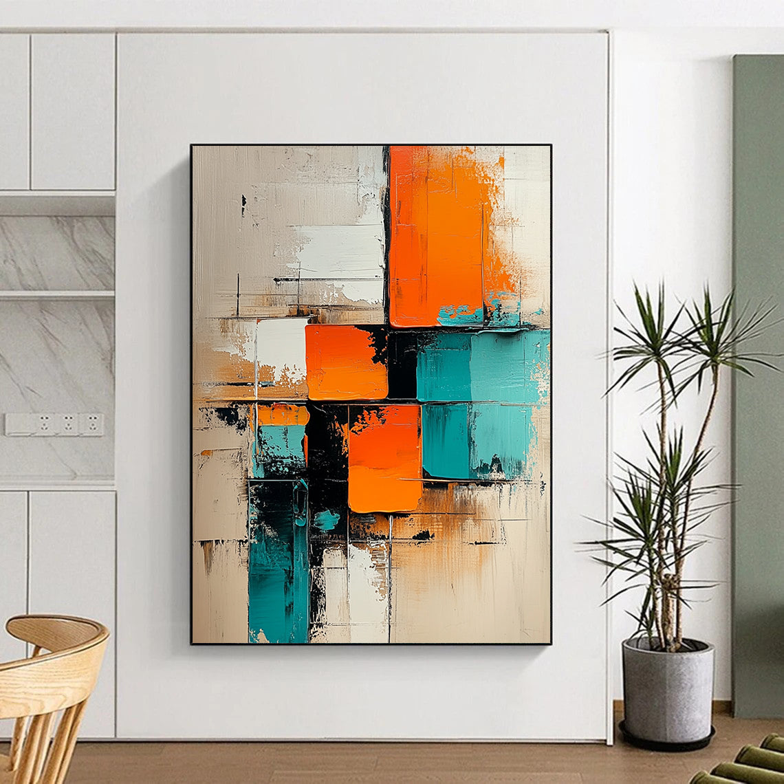 Contemporary abstract painting featuring geometric shapes in turquoise and orange on a beige background with oil paint texture on a vertical canvas. DLZ0722