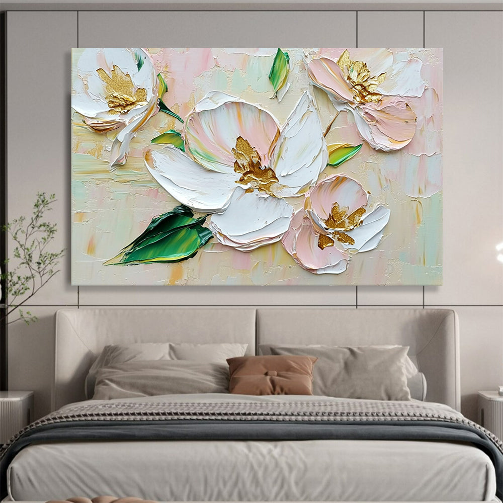 “Textured White - Pink Flowers with Gold Centers” - Impasto Floral Painting On Canvas HB0506
