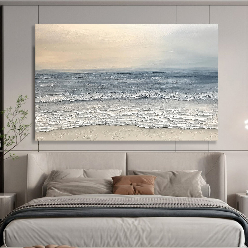 “Textured Seaside Calm” - Soft gray sea, beige sky, Textural Landscape Painting On Canvas HB0578