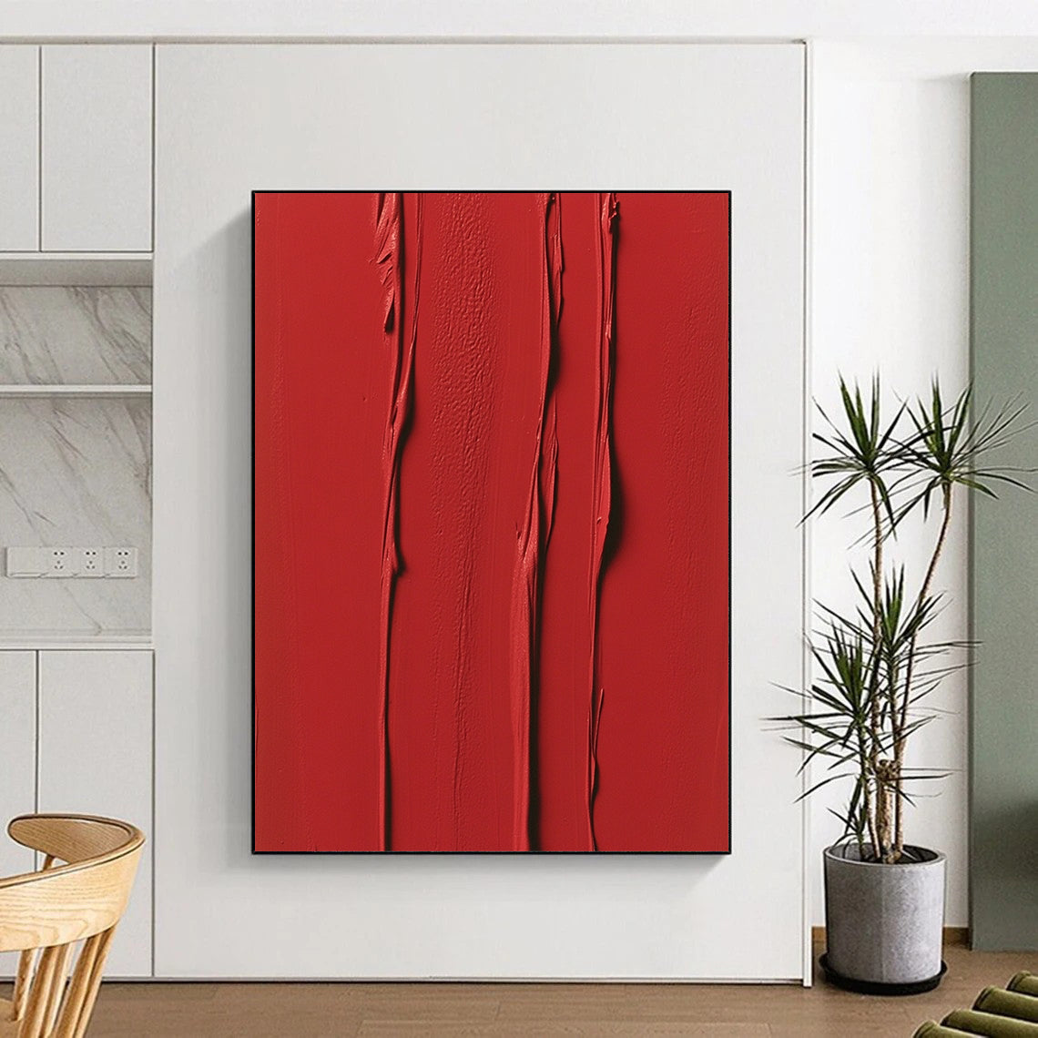 Contemporary abstract painting featuring vibrant red vertical strokes and textured layers evoking energy and passion in a minimalist symmetrical design. DLZ1694