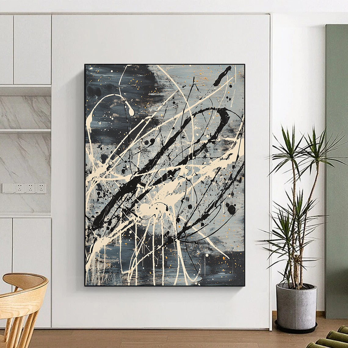 Gray, Black, White, Gold, Elaborate Drizzles "Cosmic Tangle" Abstract Pollock - Inspired Painting On Canvas HB055