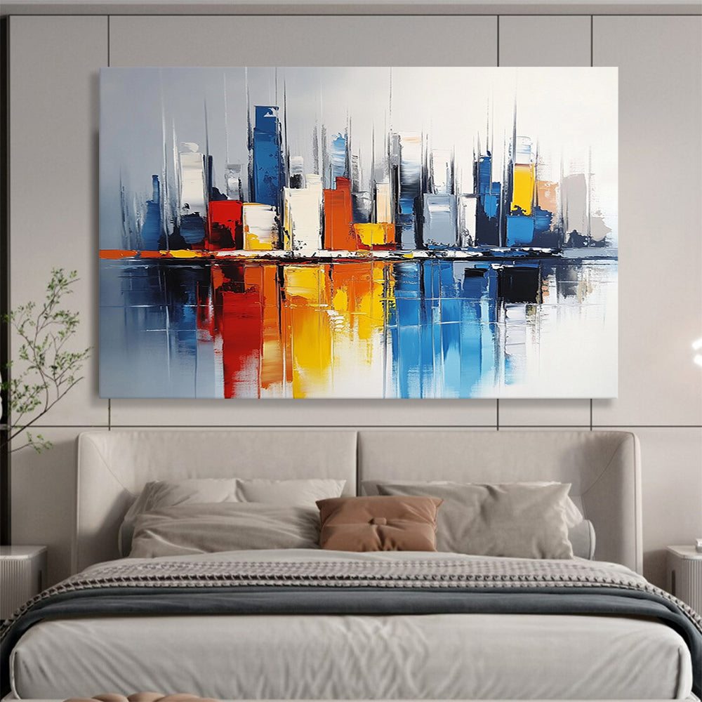 “Colorful Cityscape Reflection” - Colorful, Urban Skyscrapers, Reflection in Water Painting On Canvas HB0848