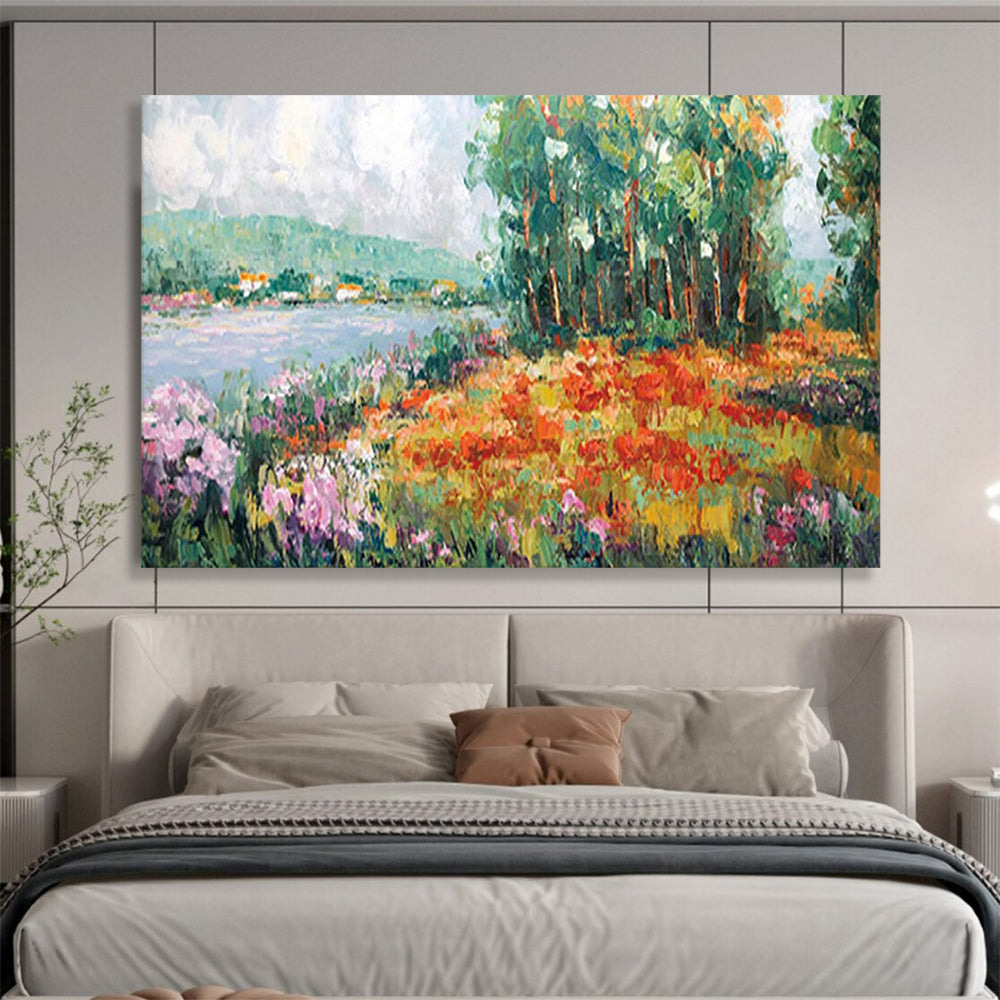 Lakeside Flower Field - Cheerful Living Room or Bedroom Art DLZ228