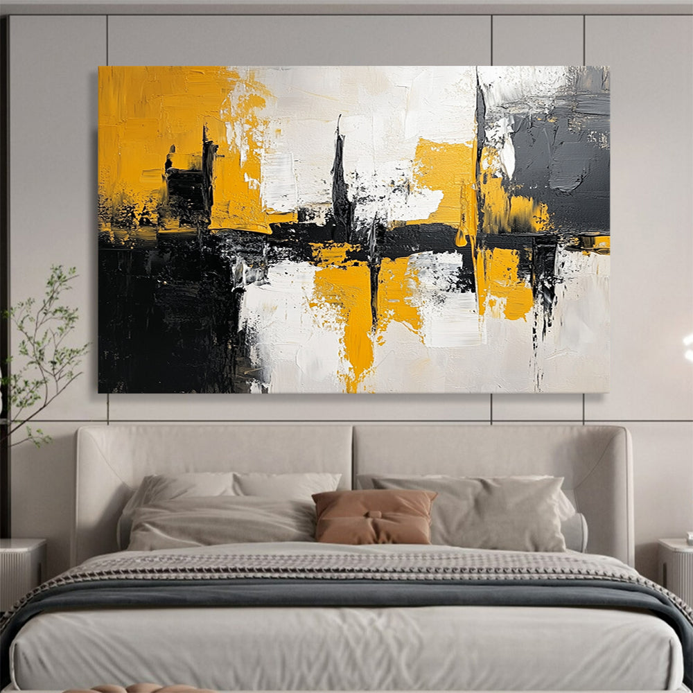 “Yellow - Black Urban Abstract Reflection” - Yellow, Black, Gray, White, Reflective Cityscape Painting On Canvas HB0813