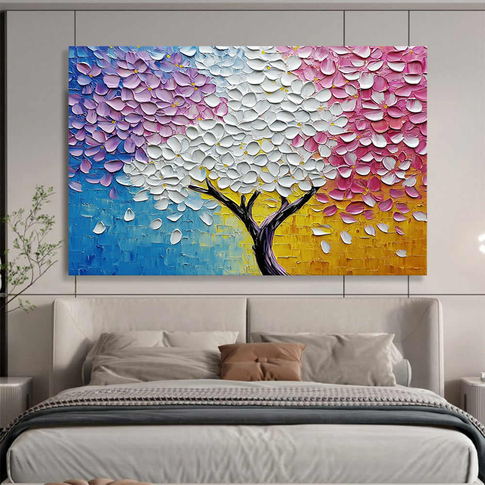 “Rainbow Blossom Tree” - Vivid blues, purples, whites, pinks, yellows; Textured flower tree; Impasto Landscape Painting On Canvas HB1161