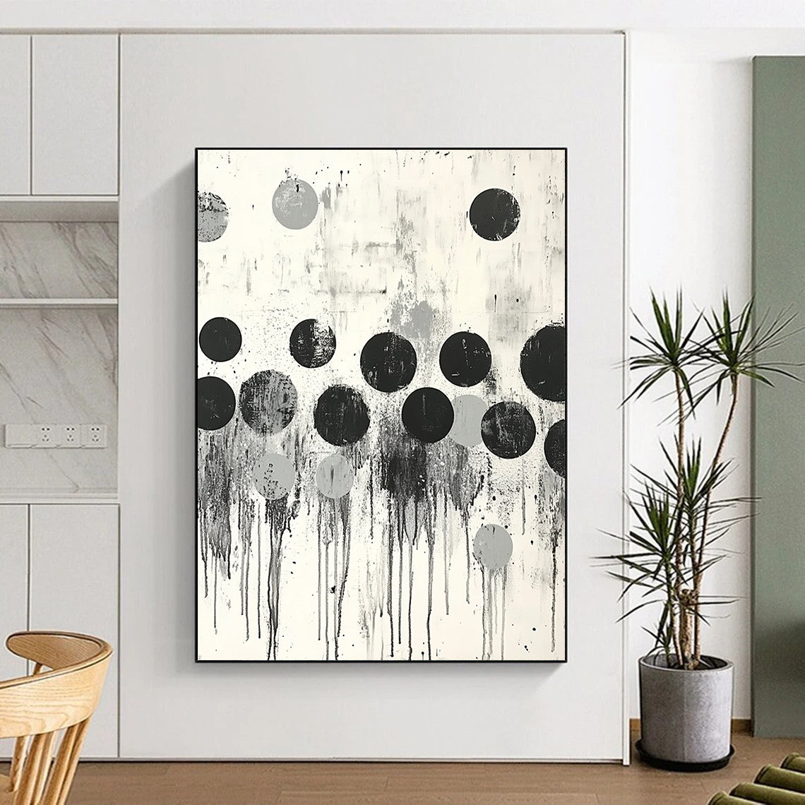 Black, Gray & White Dripping Dots - “Urban Raindrop Rhythm” Painting On Canvas HB191