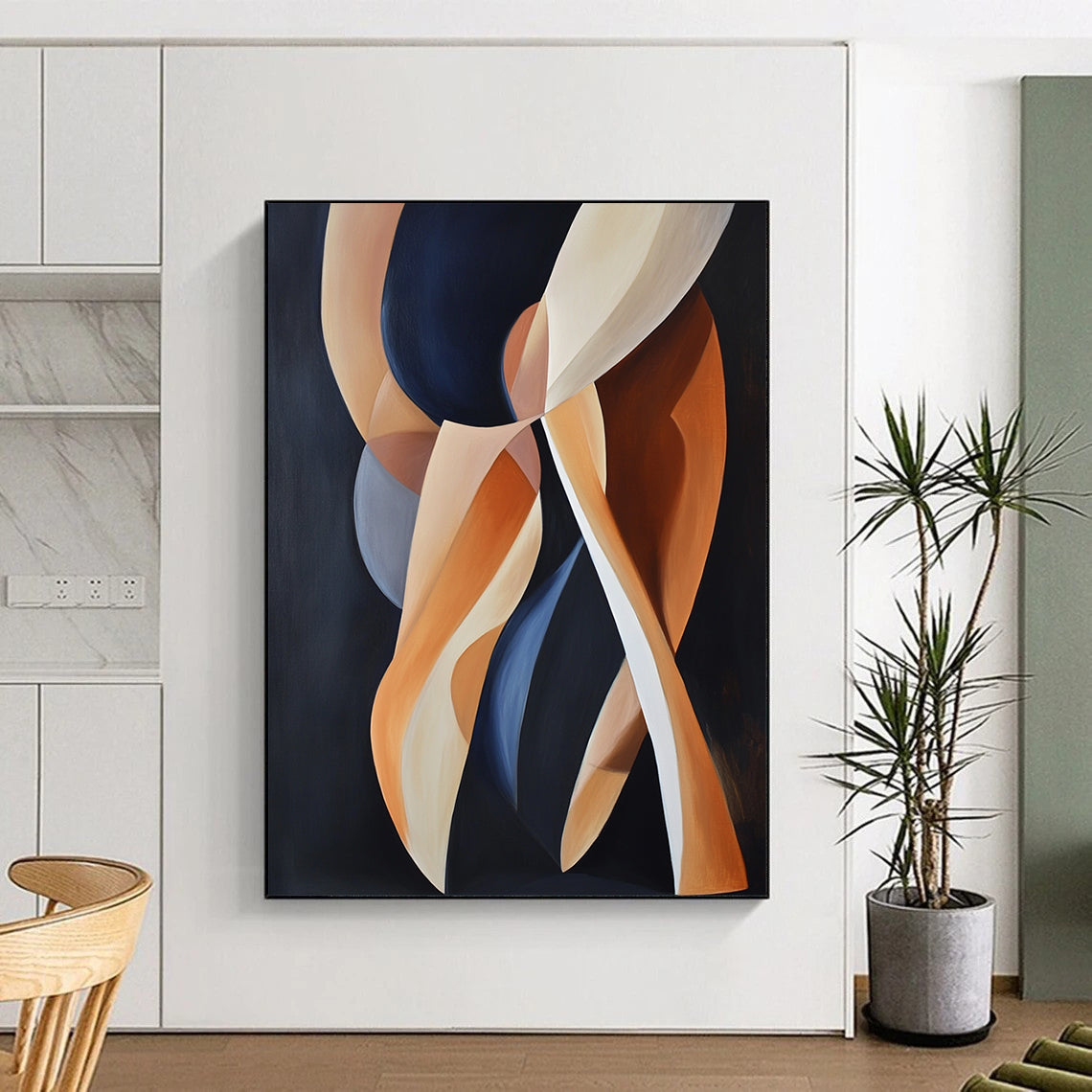 Contemporary abstract artwork featuring dynamic shapes of women's legs in motion against a dark background with light orange and navy blue accents. DLZ1668