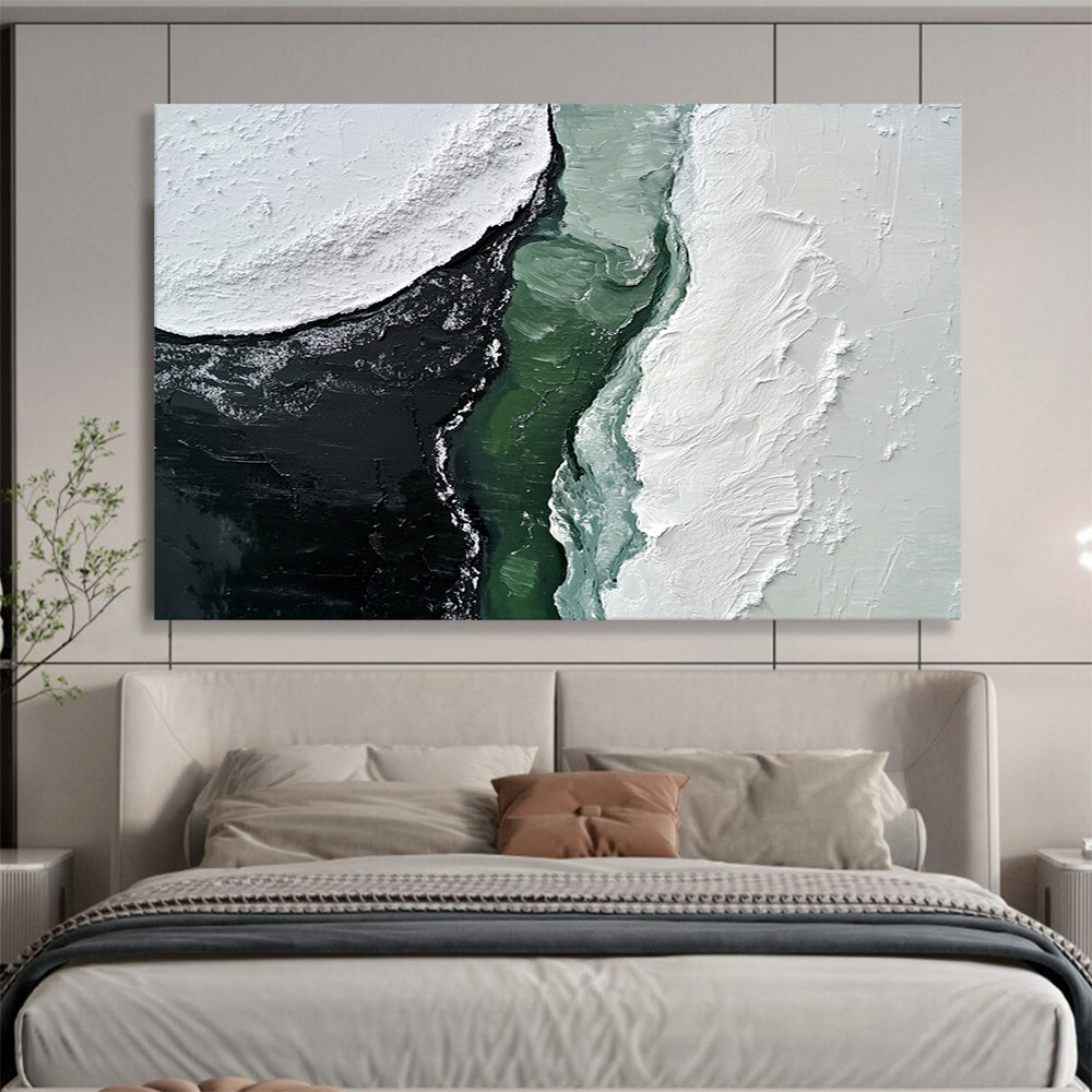 “Contrast of Textured Shapes” - White, Black, Green, Textured Abstract Painting On Canvas HB0732