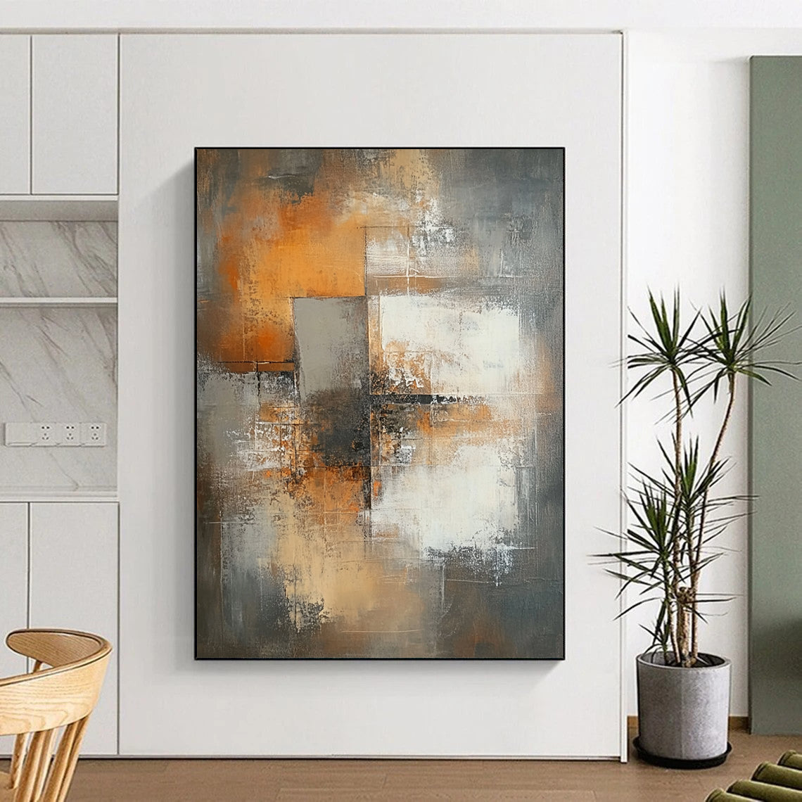 Large contemporary hand-painted abstract artwork featuring faded brown tones, white squares, and a central cross amidst an urban backdrop with expressive brush strokes. DLZ0515