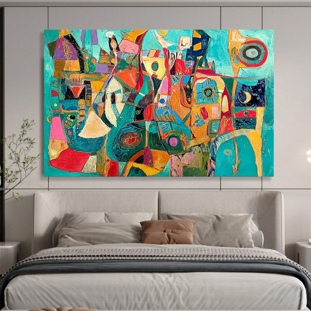 Vibrant Teal and Colorful Abstract Shapes - “Teal Carnival” Painting On Canvas HB1458