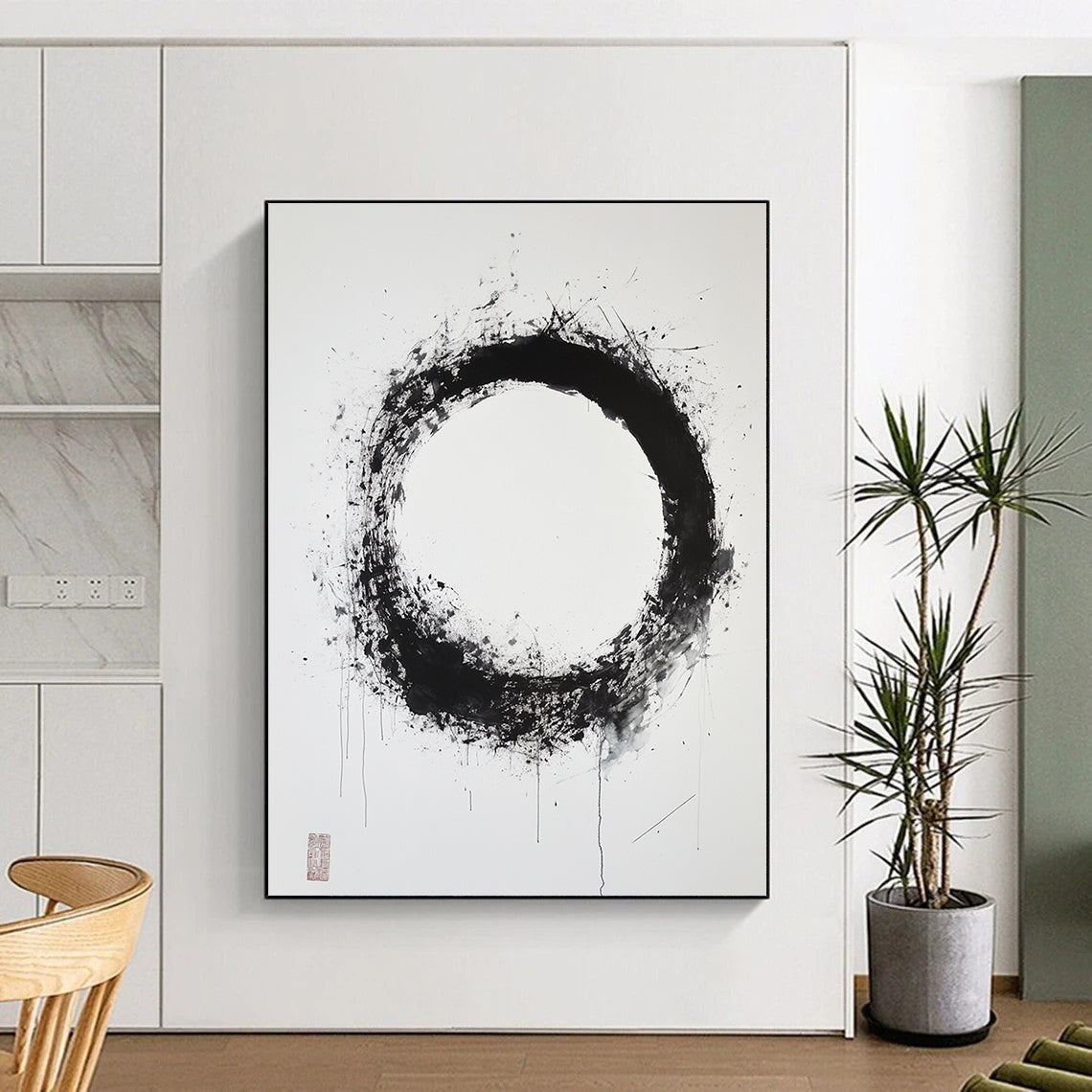 Black & Gray Splattered Circular Ink - “Subtle Enso Depth” Painting On Canvas HB248