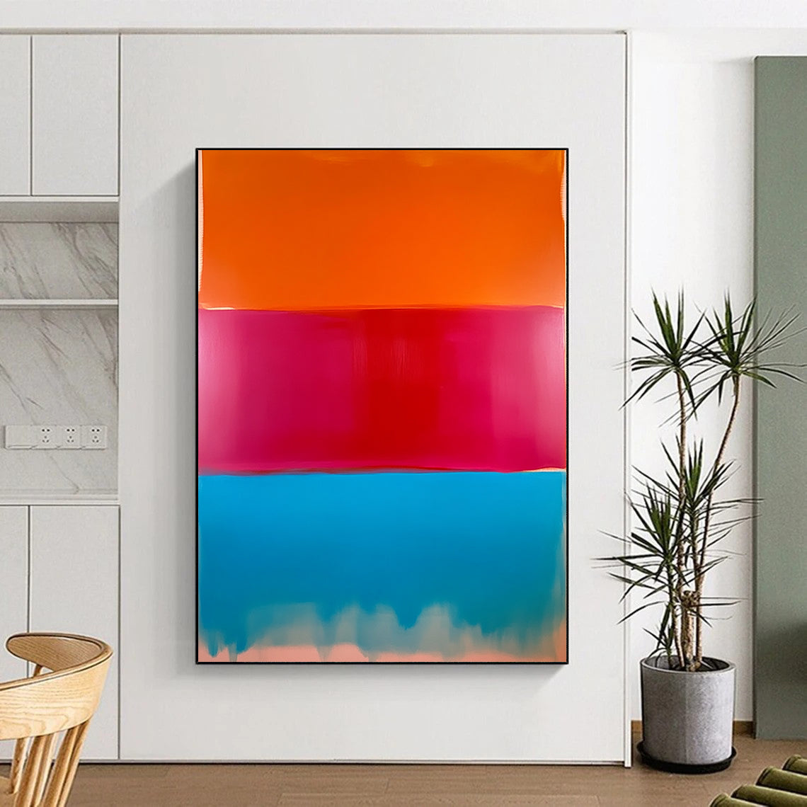 Contemporary hand-painted abstract artwork featuring a large field of color with red, peach, and bright blue vertical sections blending beautifully. DLZ1287