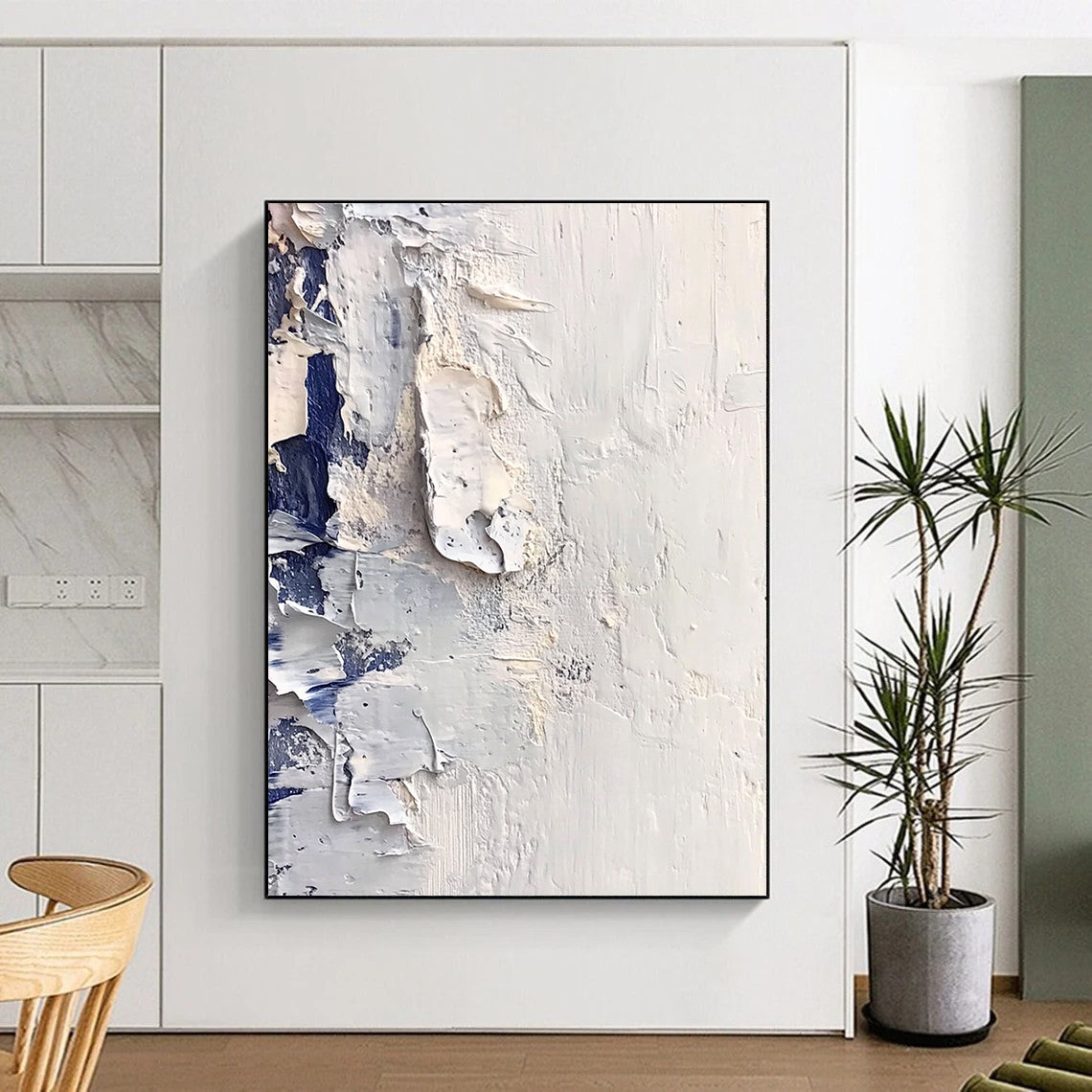 Large contemporary hand-painted abstract artwork featuring white snow and ice with thick impasto textures reminiscent of Richard Schmid's style. DLZ0676