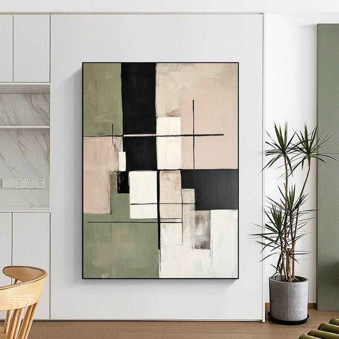 Large contemporary hand-painted abstract artwork featuring soft sage green beige and white tones with geometric shapes and a minimalist black grid pattern. DLZ1060