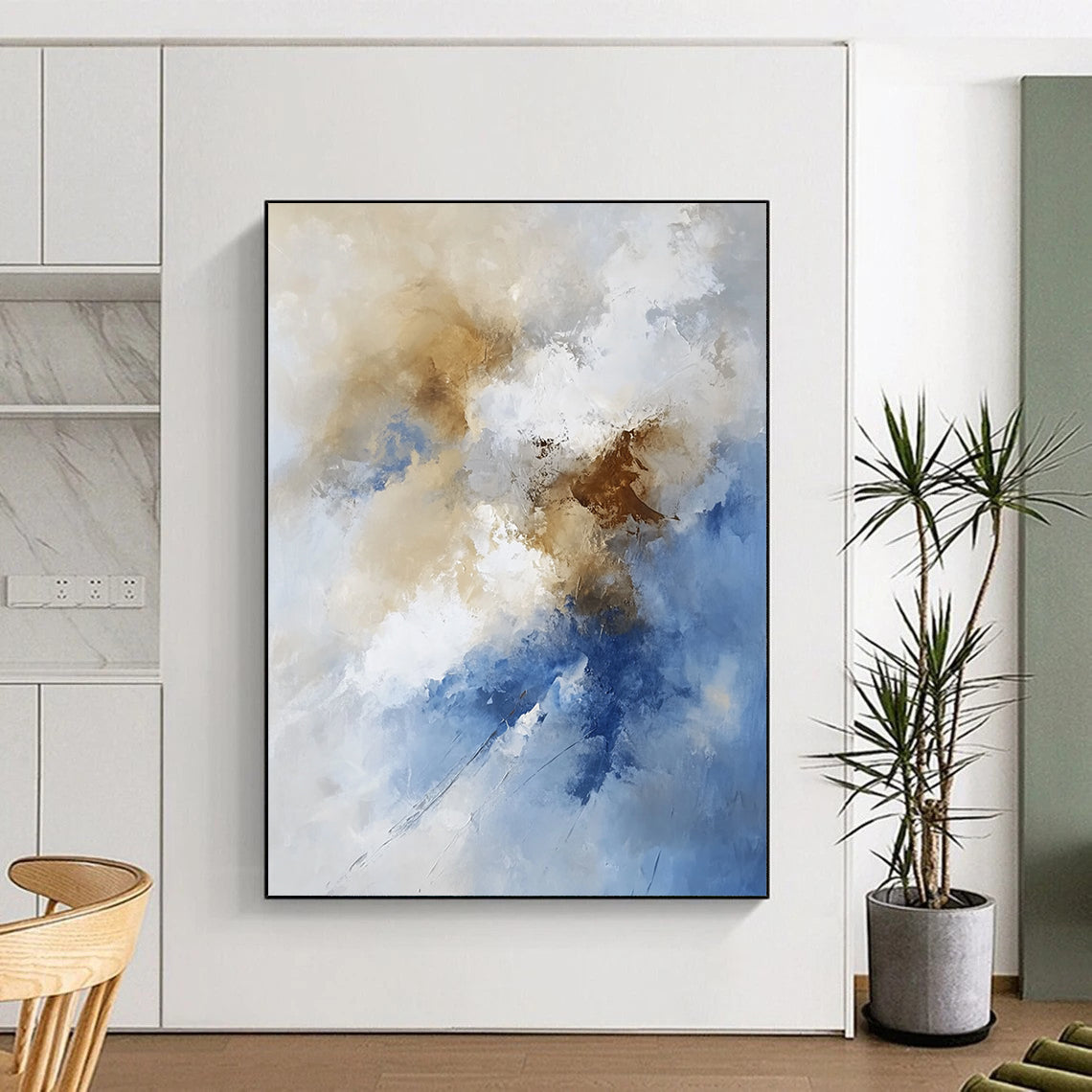 Large contemporary hand-painted abstract artwork featuring fluid lines and soft edges with tranquil beige and brown clouds creating an ethereal atmosphere. DLZ0325