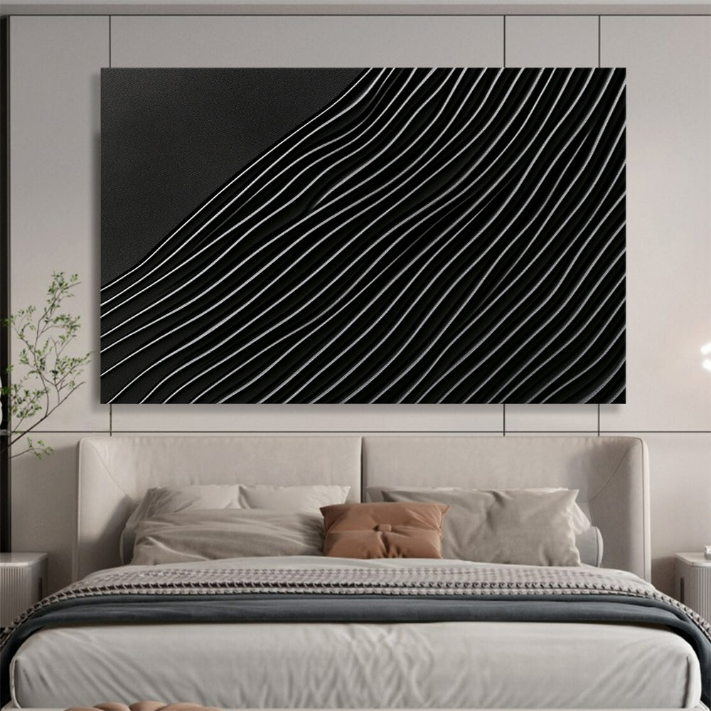 “Curved Black & Silver Lines” - Blacks, Silvers, Abstract Wave Lines - Mixed Media Art HB1623