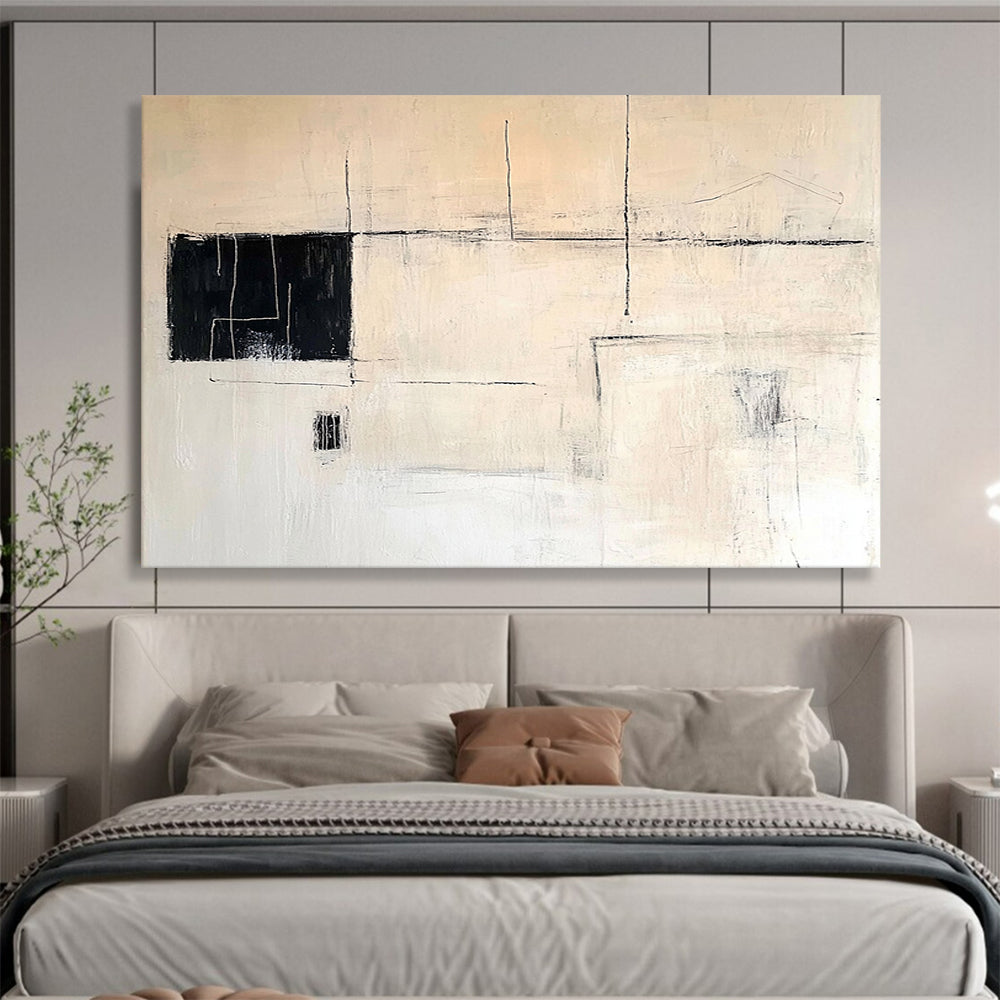“Minimalist Black - White Abstract” - Black, White with Geometric Lines - Painting On Canvas HB1386