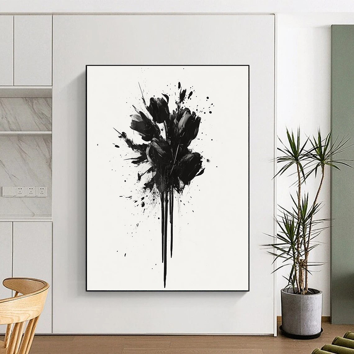Black and White Splattered Flowers "Dramatic Blooms" Painting On Canvas HB299