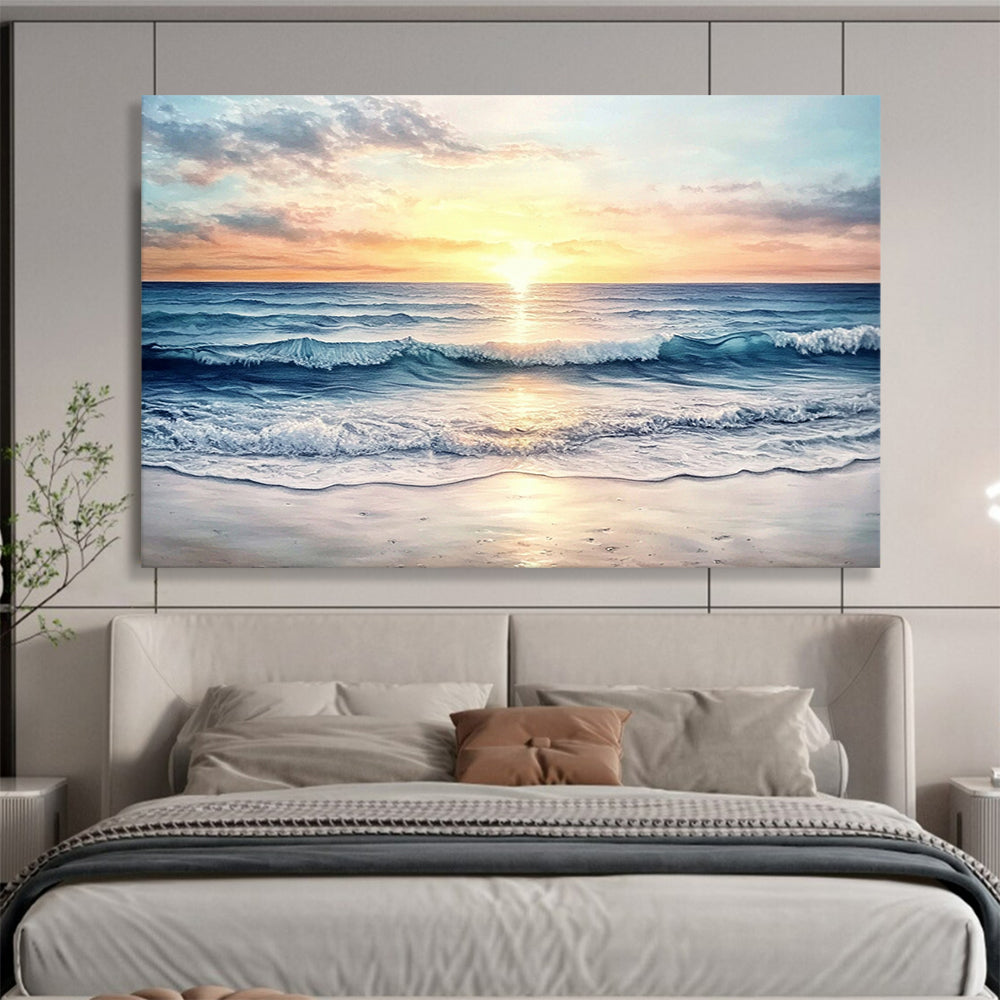 “Sunset Ocean Waves” - Orange, Pink, Blue, Realistic Seaside Oil On Canvas HB0700