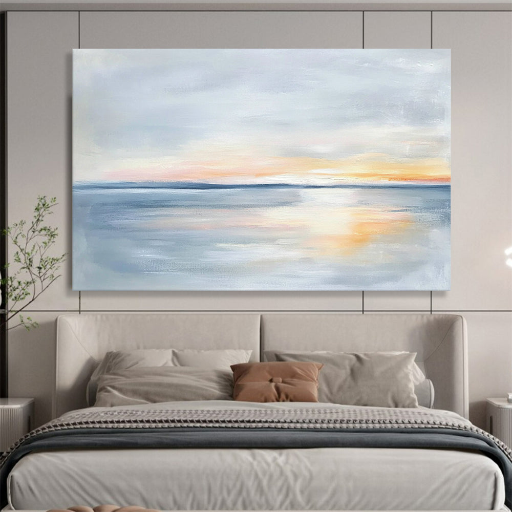 “Pastel Sea Sunset” - Soft Gray, Orange, Pink, Tranquil Seascape Painting On Canvas HB1005