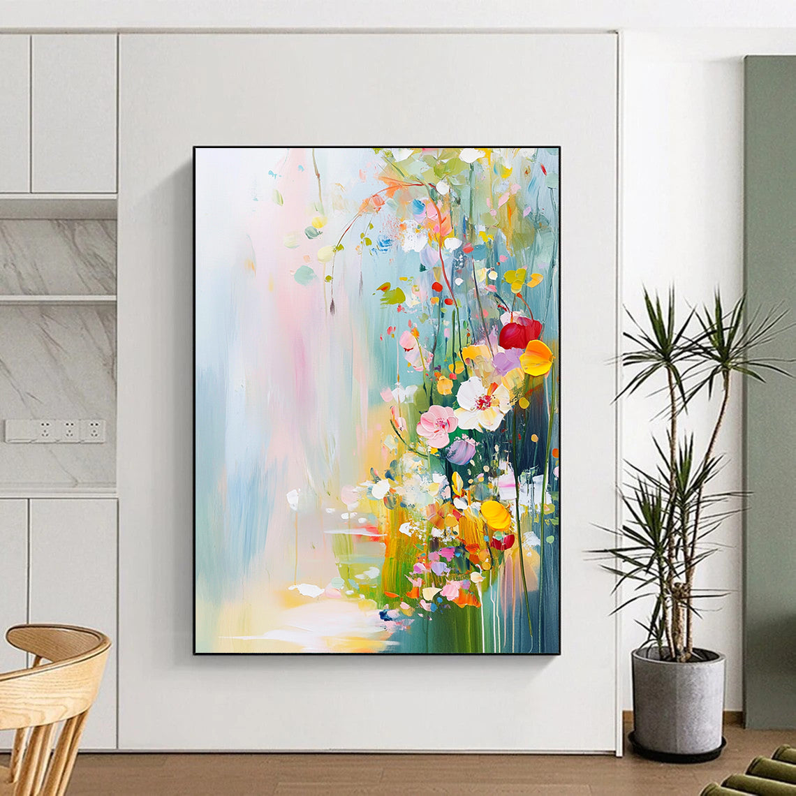 Contemporary abstract painting featuring vibrant flowers and plants in pastel colors with soft brushstrokes creating a tranquil springtime landscape. DLZ0413