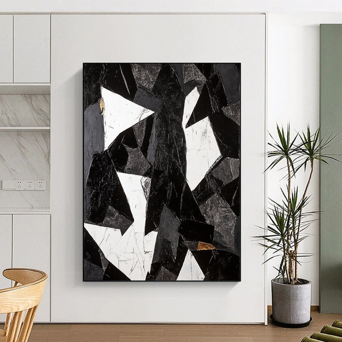 Black, White, Gray and Gold Abstract Shards "Broken Harmony" Painting On Canvas HB343