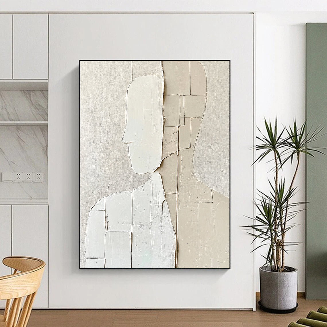 Contemporary abstract artwork features minimalism with deconstructed tailoring in simple shapes on a textured beige background creating a monochromatic aesthetic. DLZ1729