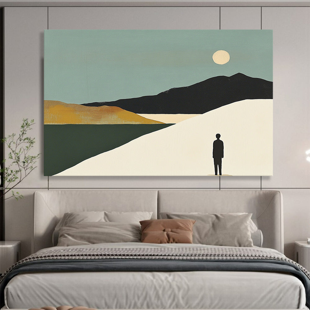 “Figure in Moonlit Landscape” - Teal sky, black mountains, white dune, Modern Landscape Painting On Canvas HB0607